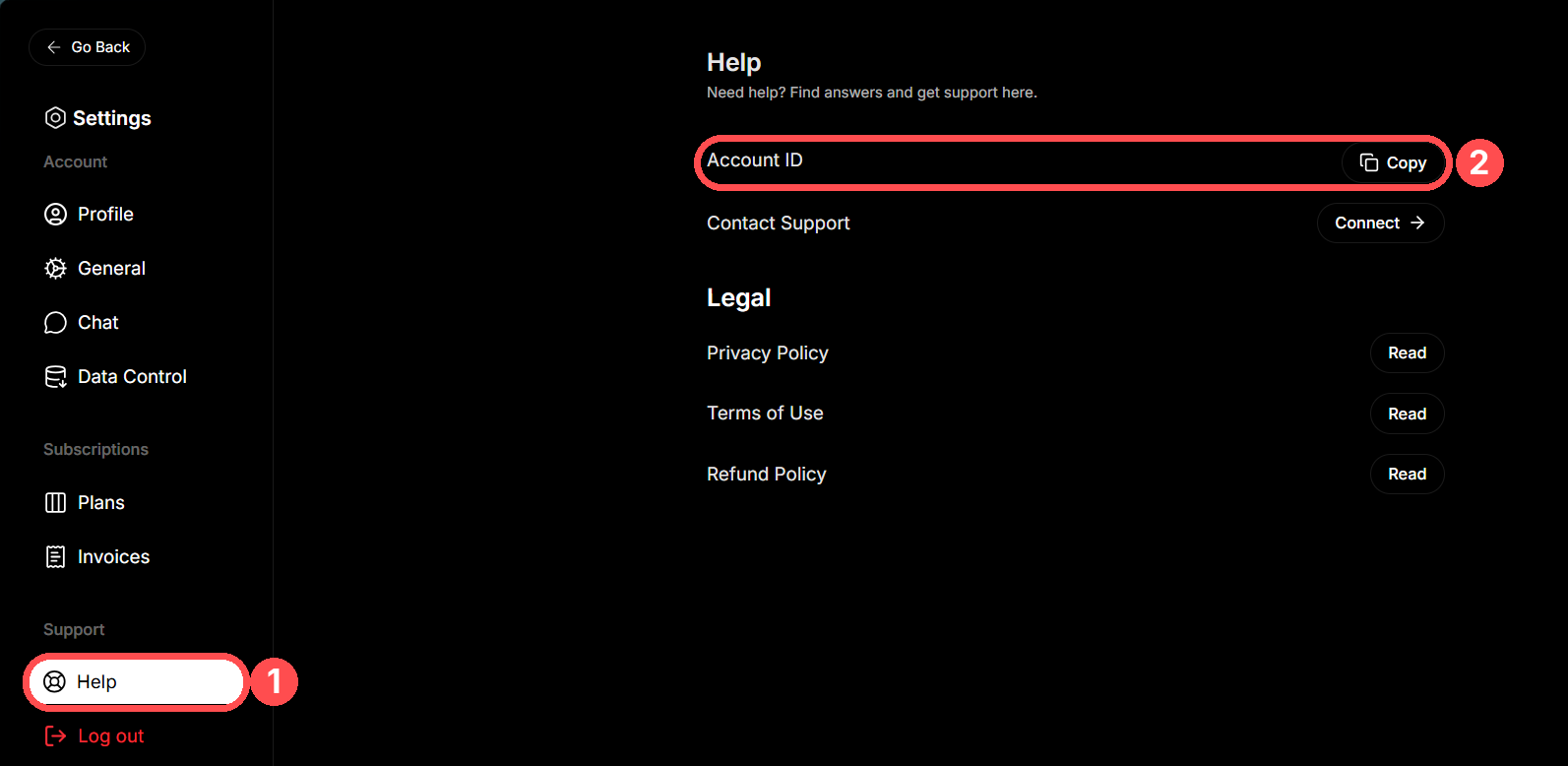 Sitio web de ChatBoost, Settings → Help, con Help y Copy junto a Account ID marcados