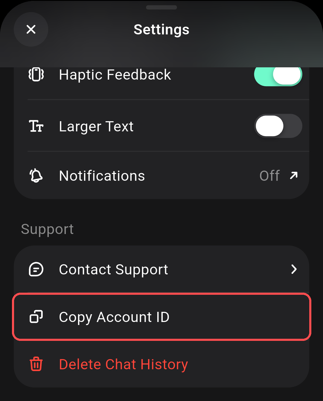 Settings de la app ChatBoost, con Copy Account ID marcado