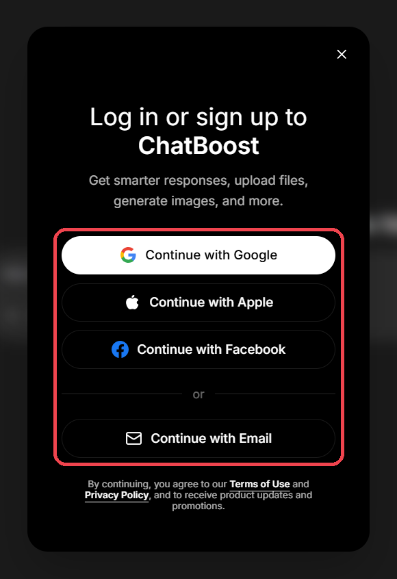 Ventana de inicio de sesión de ChatBoost con Continue with Google, Apple, Facebook y Email